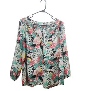 Crown & Ivy Curvy Floral V-Neck Popover Blouse in Pink Mint Plus Size 2X Easter